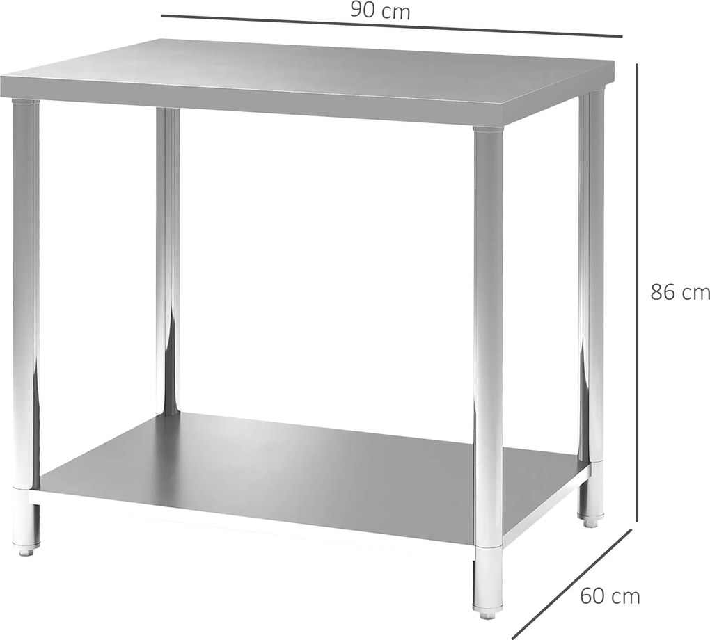 HOMCOM Rozsdamentes Acél Munkaasztal Előkészítő Asztal Konyhai Asztal 2 Polccal, Konyhai Munkaasztal, Garázs, Kert, 90 x 60 x 86 cm, Ezüst | Aosom