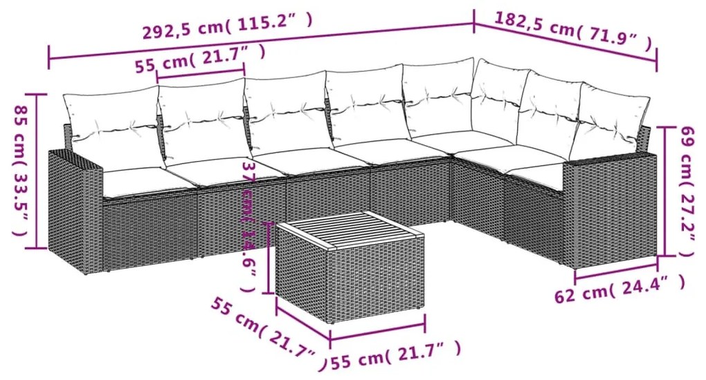 8 részes fekete polyrattan kerti ülőgarnitúra párnákkal