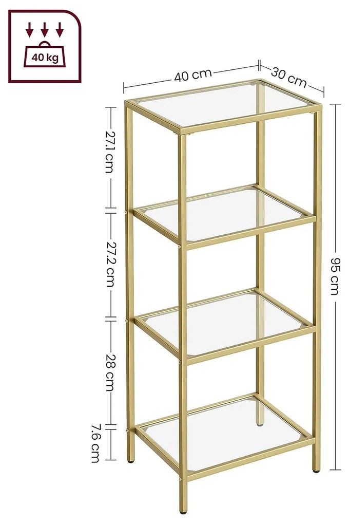 Fürdőszobai tárolópolc 95x40x30 cm, edzett üveg tároló állvány, arany