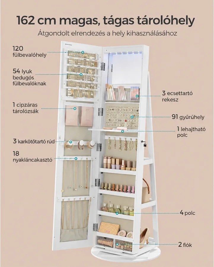 Ékszerszekrény, tükrös szekrény 360°-ban forgatható, fehér felülettel és greige