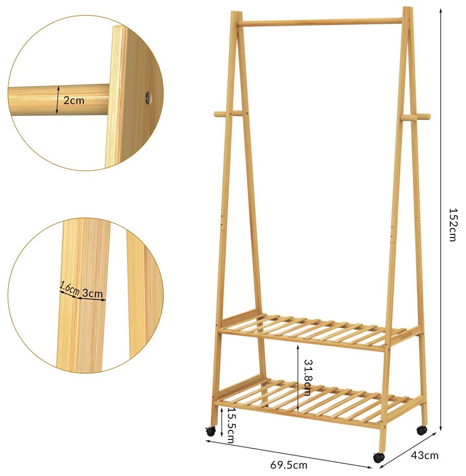 Casaria® Skandináv ruhaállvány kerekekkel - bambusz