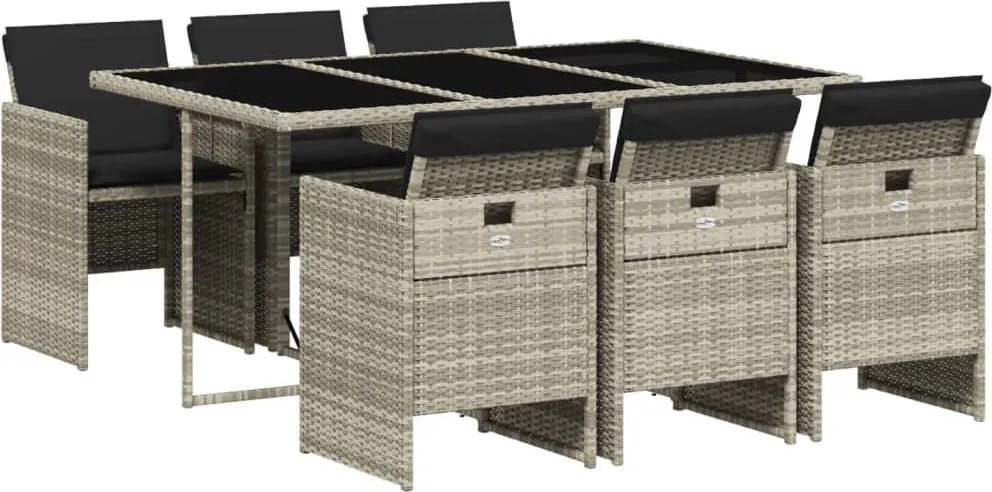 vidaXL 7 részes világosszürke polyrattan kerti étkezőszett párnával