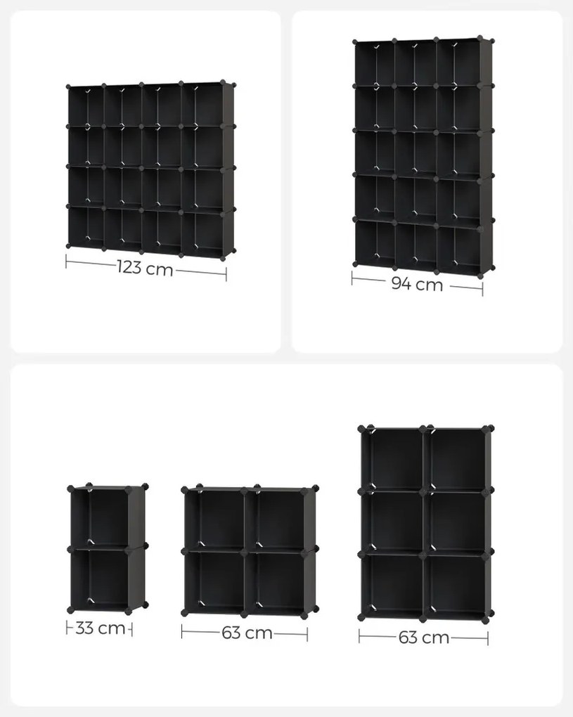 Tároló dobozok moduláris műanyag rendszerező kockák 15 db, fekete 123x31x123cm