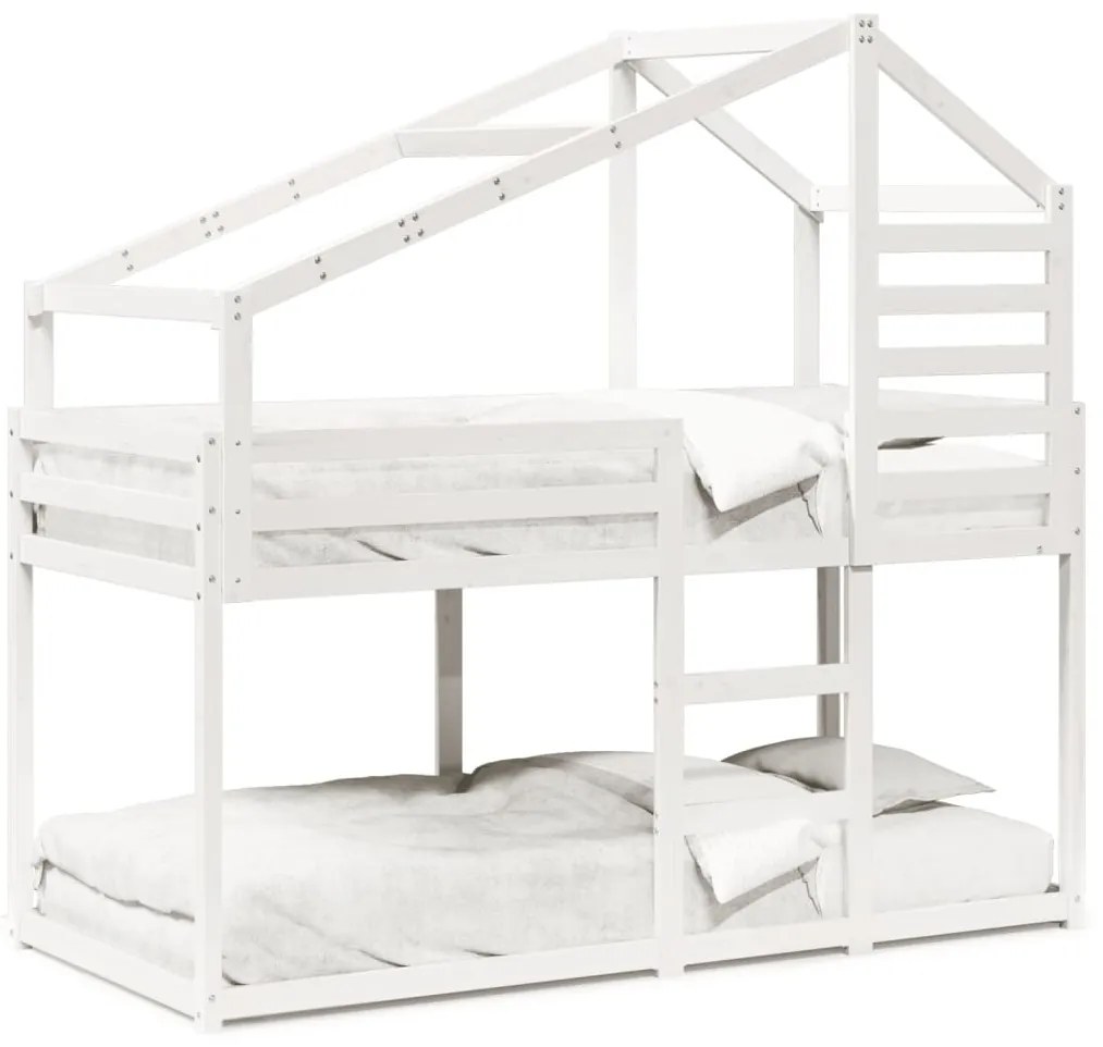 fehér tömör fenyőfa ágy emelettel és tetővel 90 x 190 cm