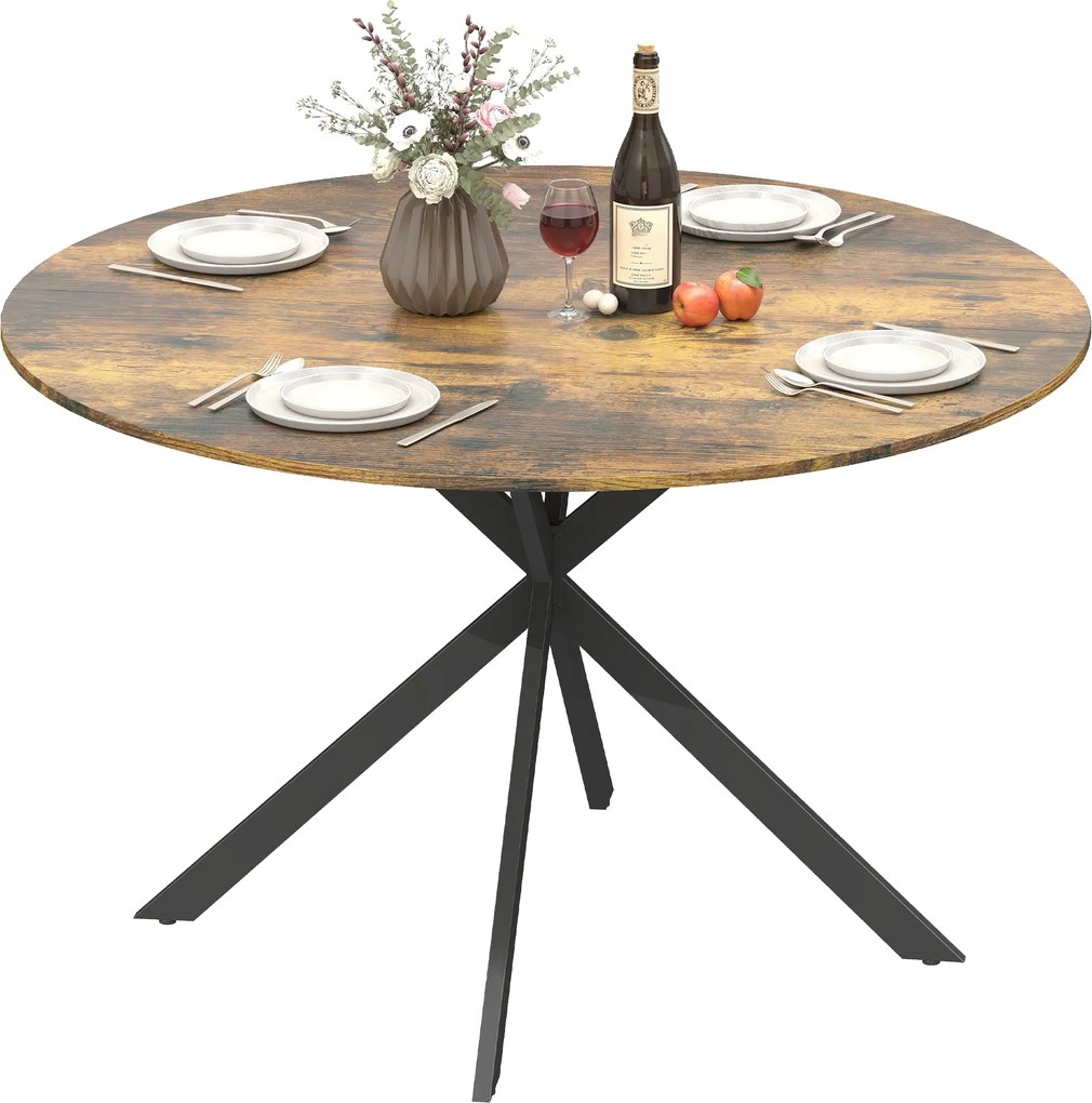 HOMCOM körasztal 4 személyre, Ø120 cm – ipari stílus, fekete X-lábbal, rusztikus barna | Aosom