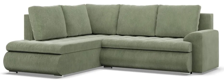 Tokio sarokkanapé, L alakú háttámlával, 2 ágyneműtartóval, kordbársony, baloldali, zöld