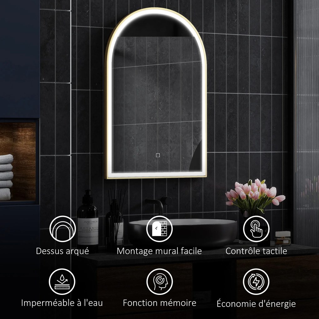 HOMCOM Fürdőszoba Tükör 90 x 60 cm, Ívelt Fali Tükör, LED Világítással Ellátott Fürdőszoba Tükör, Állítható Fény 3 Színben, Páramentes, Memória, Érint