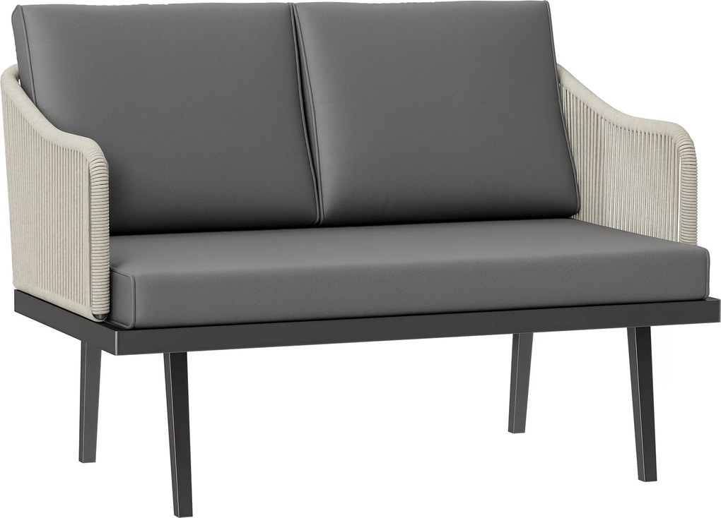 Outsunny 2-Fős Rattan Kerti Kanapé Párnákkal, Karfás Kültéri Kanapé, Acél Váz, Sötétszürke | Aosom