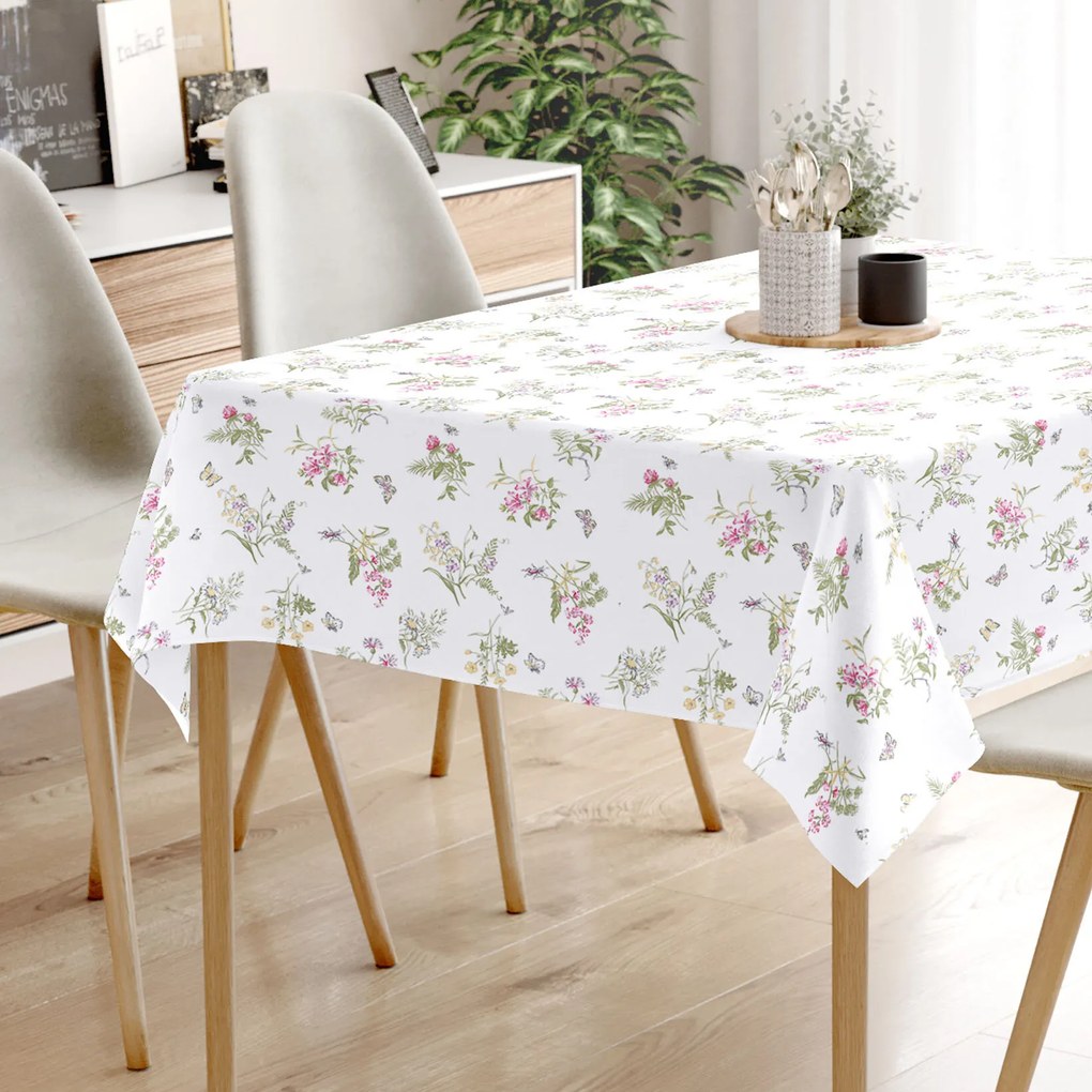 Goldea szögletes terítő 100% pamutvászon - színes réti virágok fehér alapon 100 x 100 cm