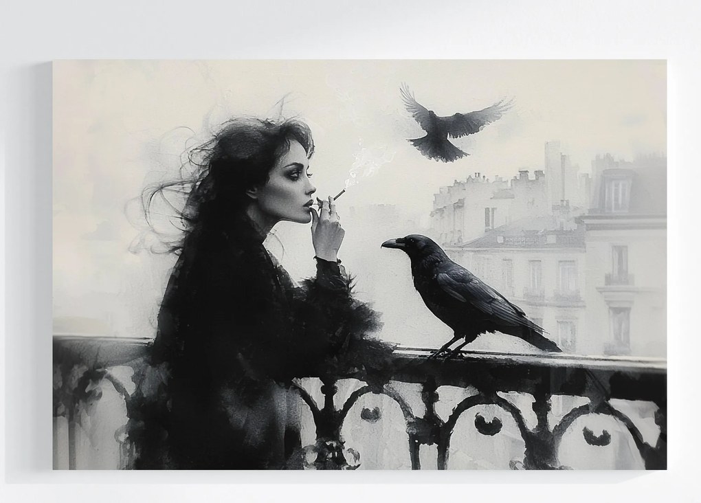 Vászonkép Canvas Város Terasz Nő Cigaretta Madár Holló Köd 60x40