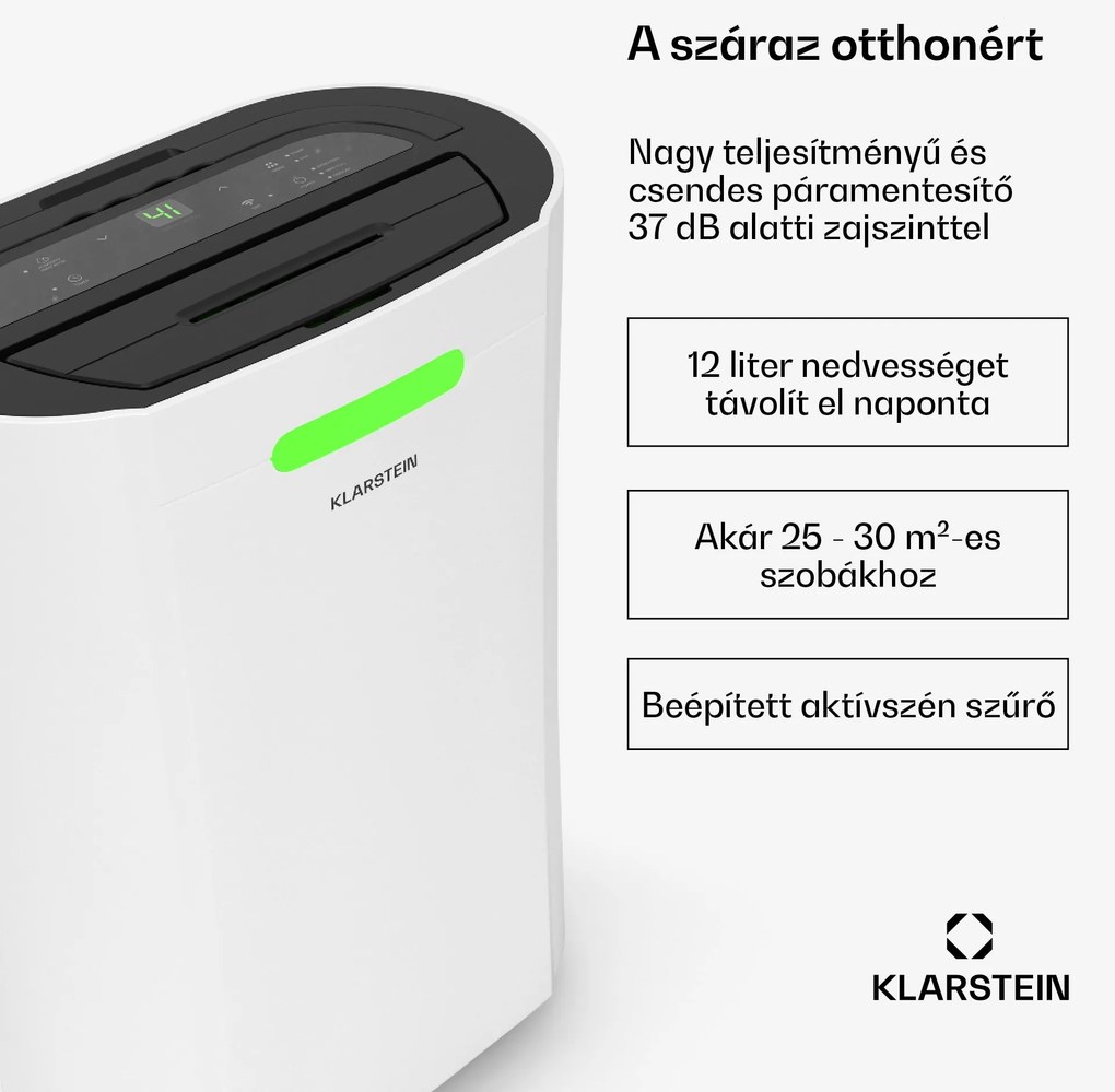 Klarstein AeroDry Smart 12 párátlanító, 12 l/nap, 18 m², páratartalom érzékelő, irányítás alkalmazás segítségével, 135 m³/h