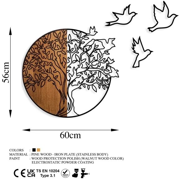 Fali dekoráció 60x56 cm fa/fém fa és madarak mintával