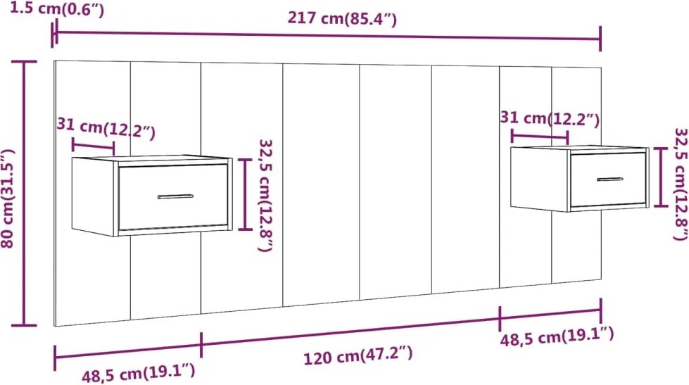 sonoma tölgyszínű szerelt fa ágyfejtámla szekrényekkel