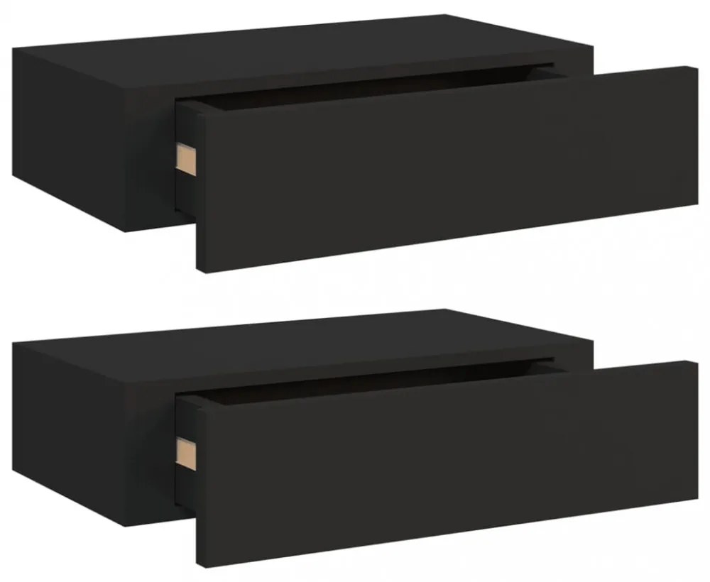 2 db fekete MDF falra szerelhető fiókos polc 40 x 23,5 x 10 cm