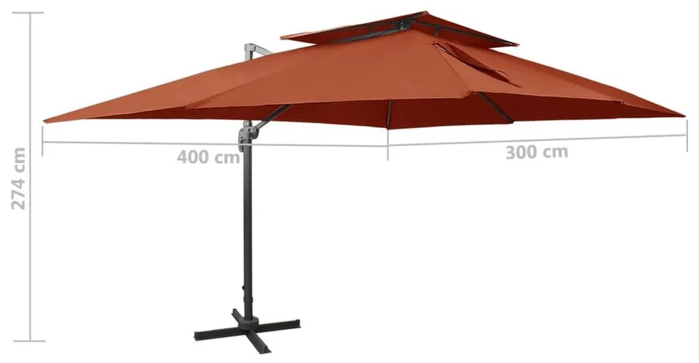 terrakotta színű dupla tetejű konzolos napernyő 400 x 300 cm