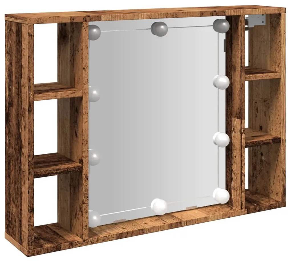 antik fa színű szerelt fa tükrös szekrény LED-ekkel 76x15x55 cm
