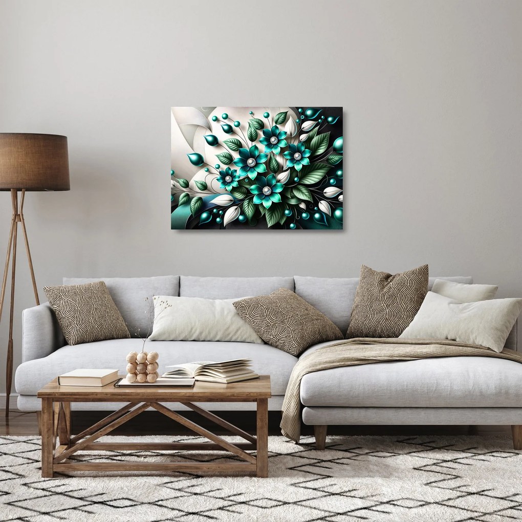 Üveg kép - 3D türkiz virágok (70x50 cm)