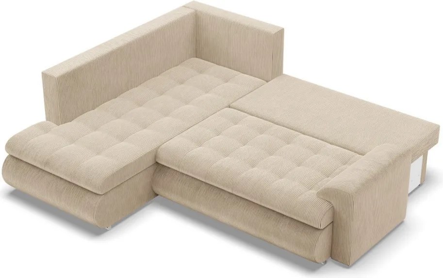 Tokio sarokkanapé, L alakú háttámlával, 2 ágyneműtartóval, kordbársony, baloldali, bézs