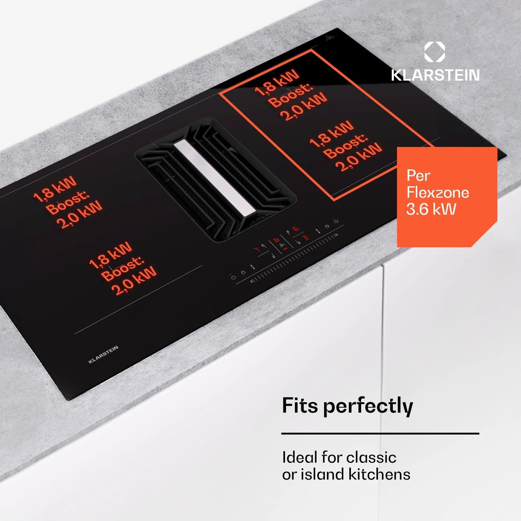 Klarstein AirJet 90, Down Air System, indukciós tűzhely + DownAir-páraelszívó, 754 m³/ó, A