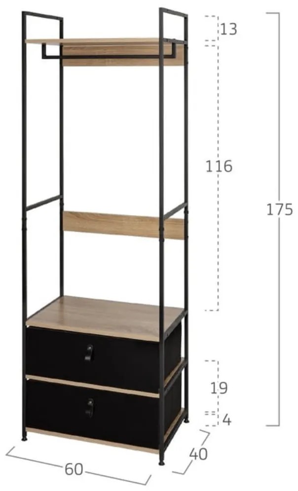 Intenso Home ruhafogas 2db nagyméretű fiókkal polcokkal 60 x 175cm modern tölgy színben | Előszobai ruhatároló cipőtartóval / nyitott gardrób
