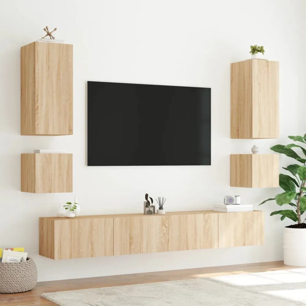2 db sonoma tölgy színű fali TV-szekrény LED-del 40,5x35x40 cm