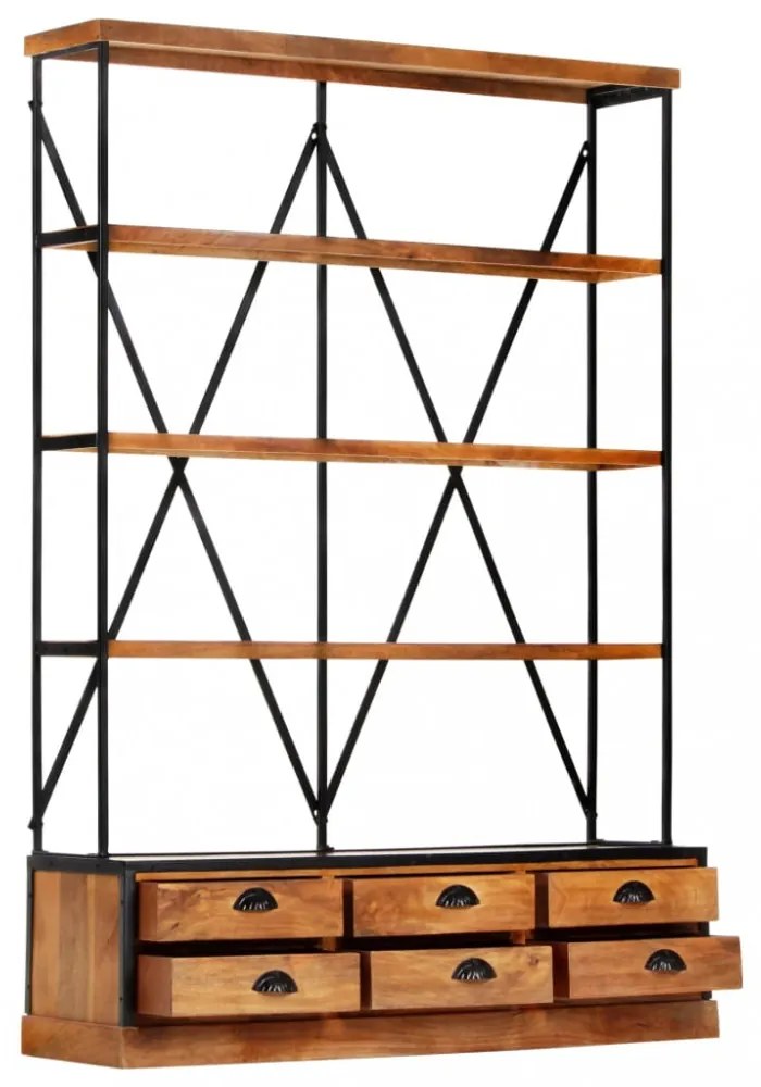 4-szintes tömör mangófa könyvespolc 6 fiókkal 122 x 36 x 181 cm