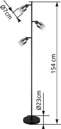 Globo 54308S Állólámpa fém fekete matt, füstszínű üveg, átlátszó futás, fekete PVC kábel, lábkapcsoló a kábelben, ø: 230mm, M:1540mm, kábelhossz 1800mm, nem tartozék: 3x E14 40W 230V