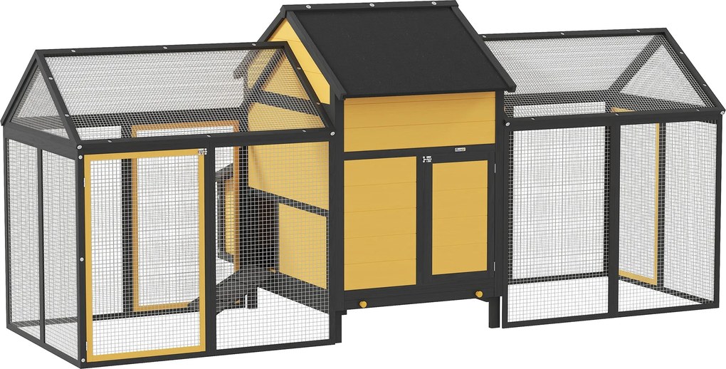 PawHut Fa Tyúkóvoda, Baromfi Ól Tojásrakó Fészkével, Dupla Futós Ól Tálcával, Lejáróval, Tyúk Ház Csirkéknek, 247 x 125 x 113,5 cm, Sárga | Aosom