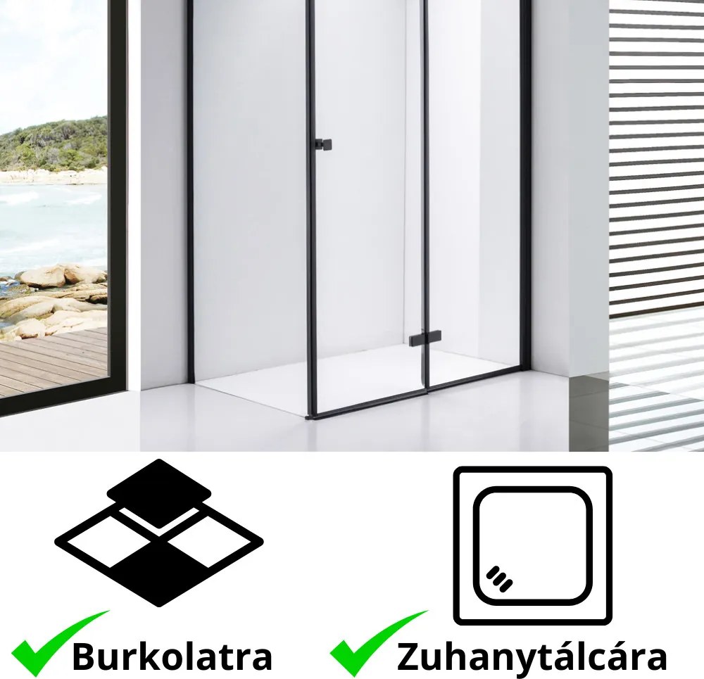 Stuxi Verona Black 90x80 aszimmetrikus csuklóajtós zuhanykabin 6 mm vízlepergető biztonsági üveggel, fekete