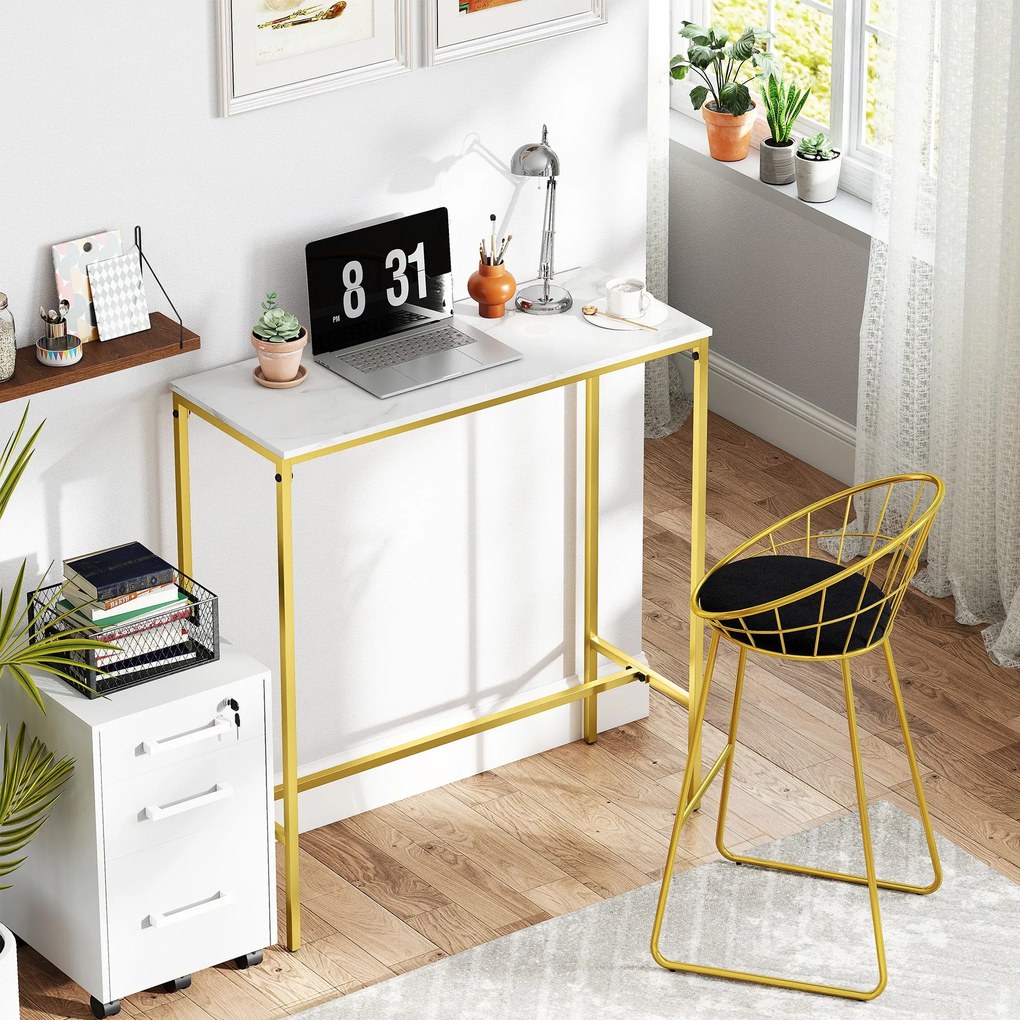 HOMCOM Szögletes Magas Bárasztal Márvány Hatású Felsőrésszel és Acél Kerettel, Étkezőbe és Konyhába, 100 x 40 x 107 cm, Arany | Aosom