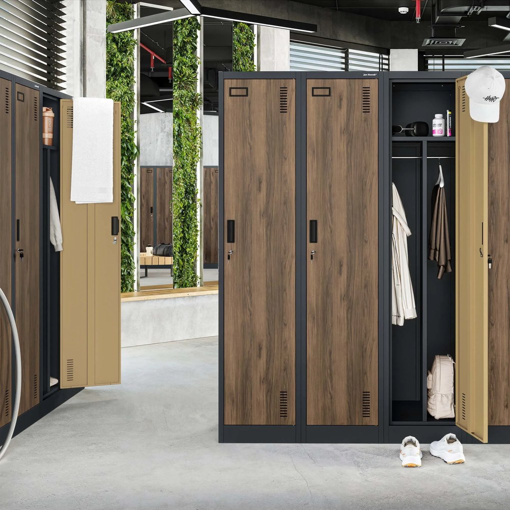 Pléh öltözőszekrény talpazaton, kétmodulos, polccal és köztes fallal KACPER, 800 x 1800 x 500 mm, Eco Design: antracit/ dió