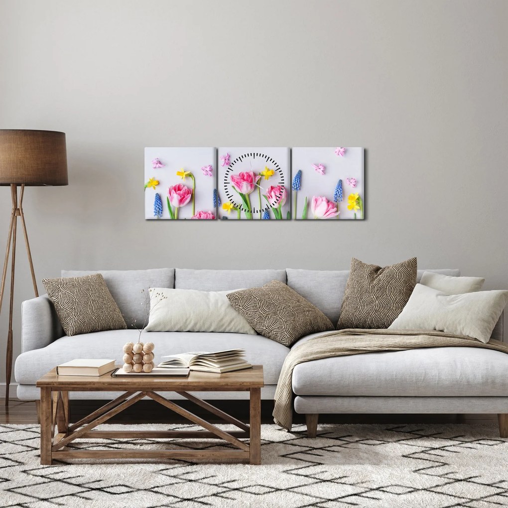 Tavaszi virágok képe (órával) (90x30 cm)