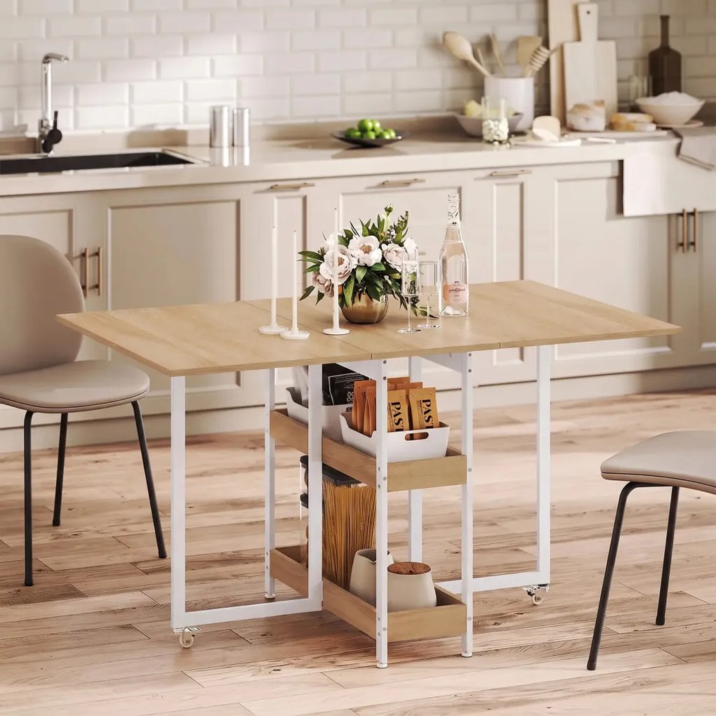 Összecsukható étkezőasztal, akár 4 fő részére, nyitott polcokkal, natúr