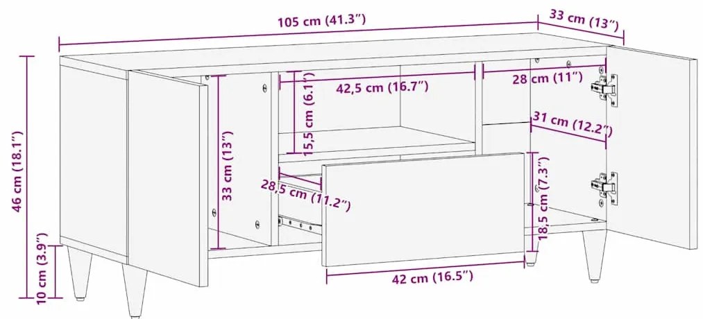 TV szekrény fiókkal Világosbarna 105 x 33 x 46 cm tömör mangófa