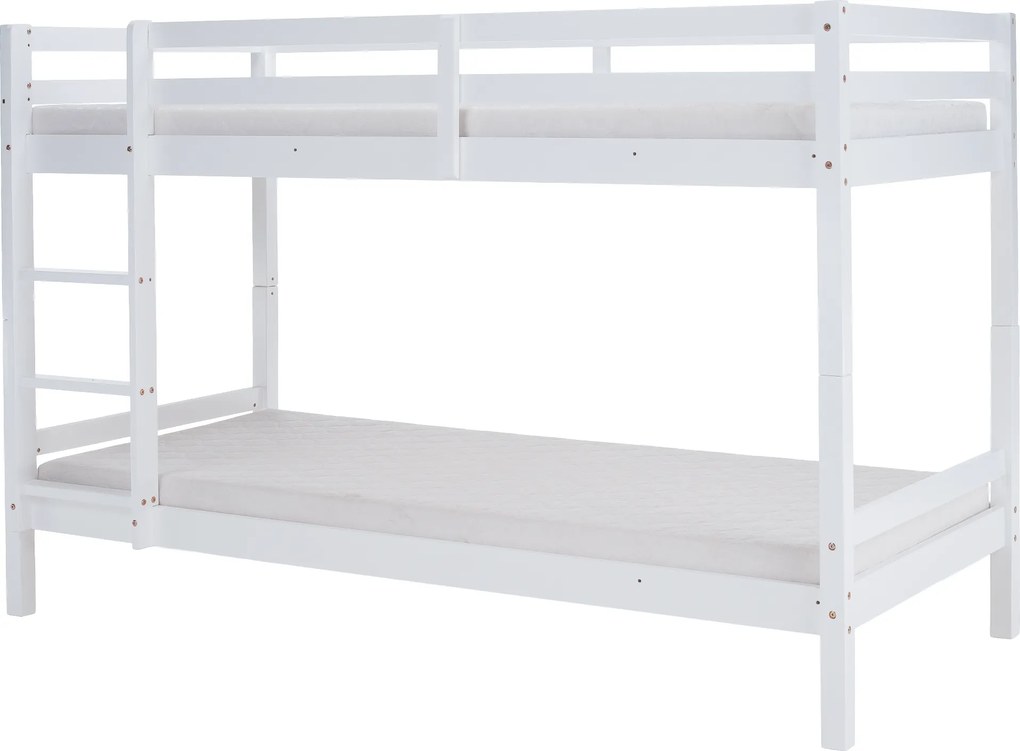 Emeletes ágy, 90x200, tömör fa, fehér, INEZA