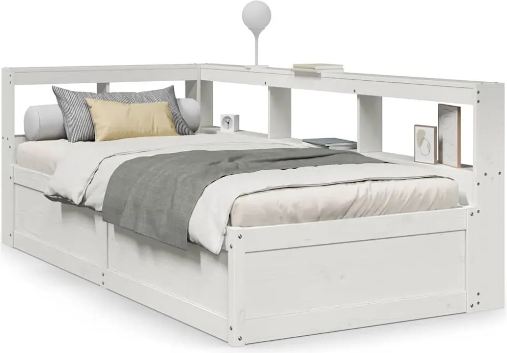 vidaXL fehér tömör fenyőfa könyvespolcos ágy matrac nélkül 90 x 200 cm