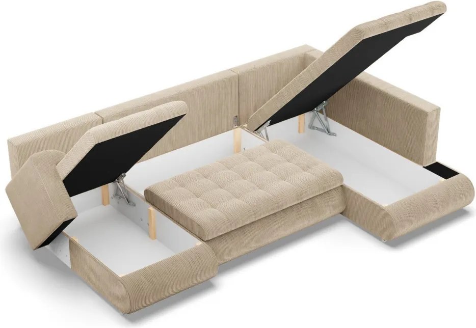 Tokio U sarokkanapé, 3 ágyneműtartóval, kordbársony, jobboldali, bézs