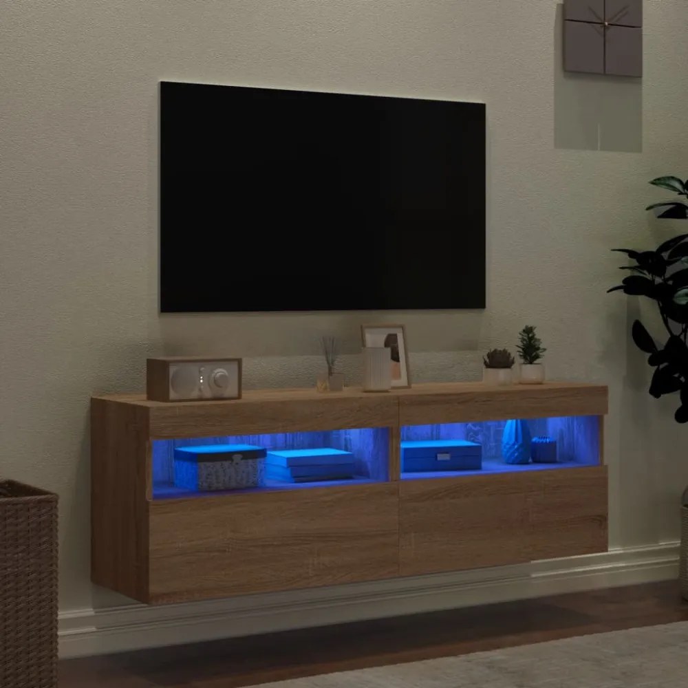 2 db sonoma tölgy színű fali TV-szekrény LED-del 60x30x40 cm