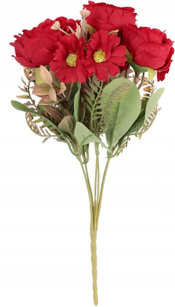 7 Rózsás Csokor Piros Művirág Kiegészítőkkel Élő Dekoráció 30CM