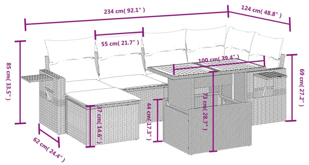 7 részes fekete polyrattan kerti ülőgarnitúra párnával