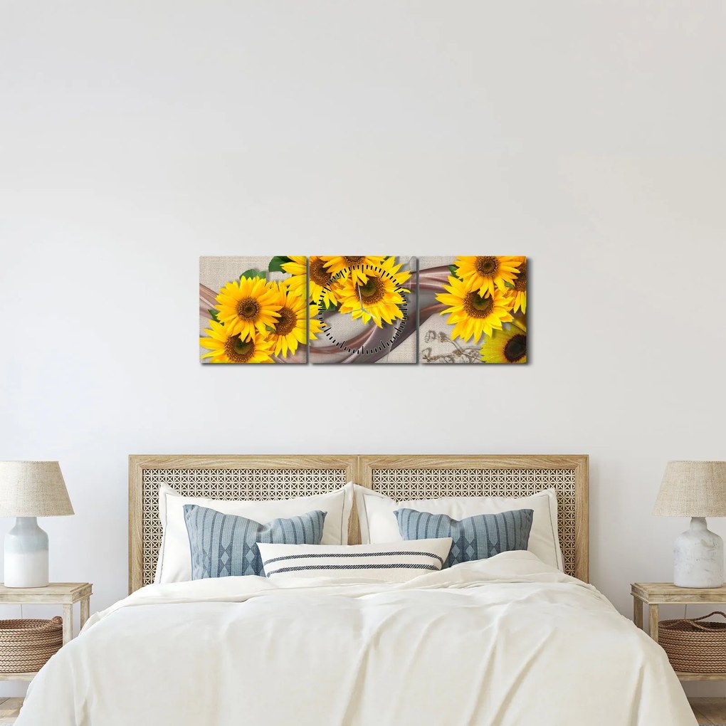 Kép - Ragyogó napraforgó virágok (órával) (90x30 cm)