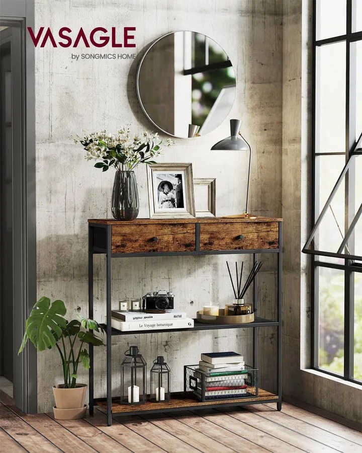 Keskeny konzolasztal 2 fiókkal, 3 szintes, rusztikus barna és fekete színben