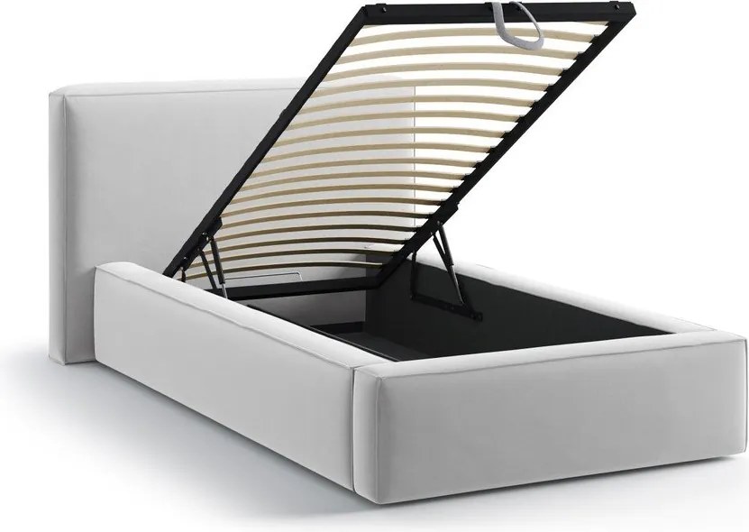 Ezüstszínű kárpitozott ágyneműtartós egyszemélyes ágy ágyráccsal 90x200 cm Jodie – Micadoni