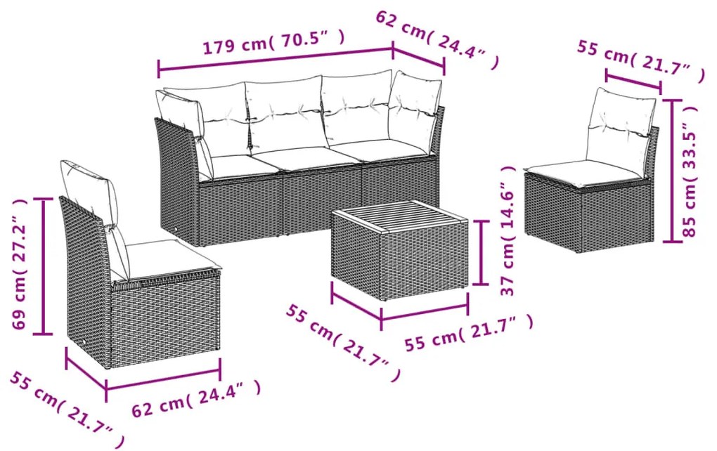 6 részes bézs polyrattan kerti ülőgarnitúra párnával