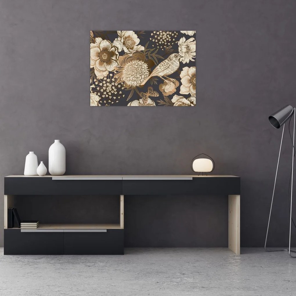 Sötét alapon arany virágok képe (üvegen) (70x50 cm)