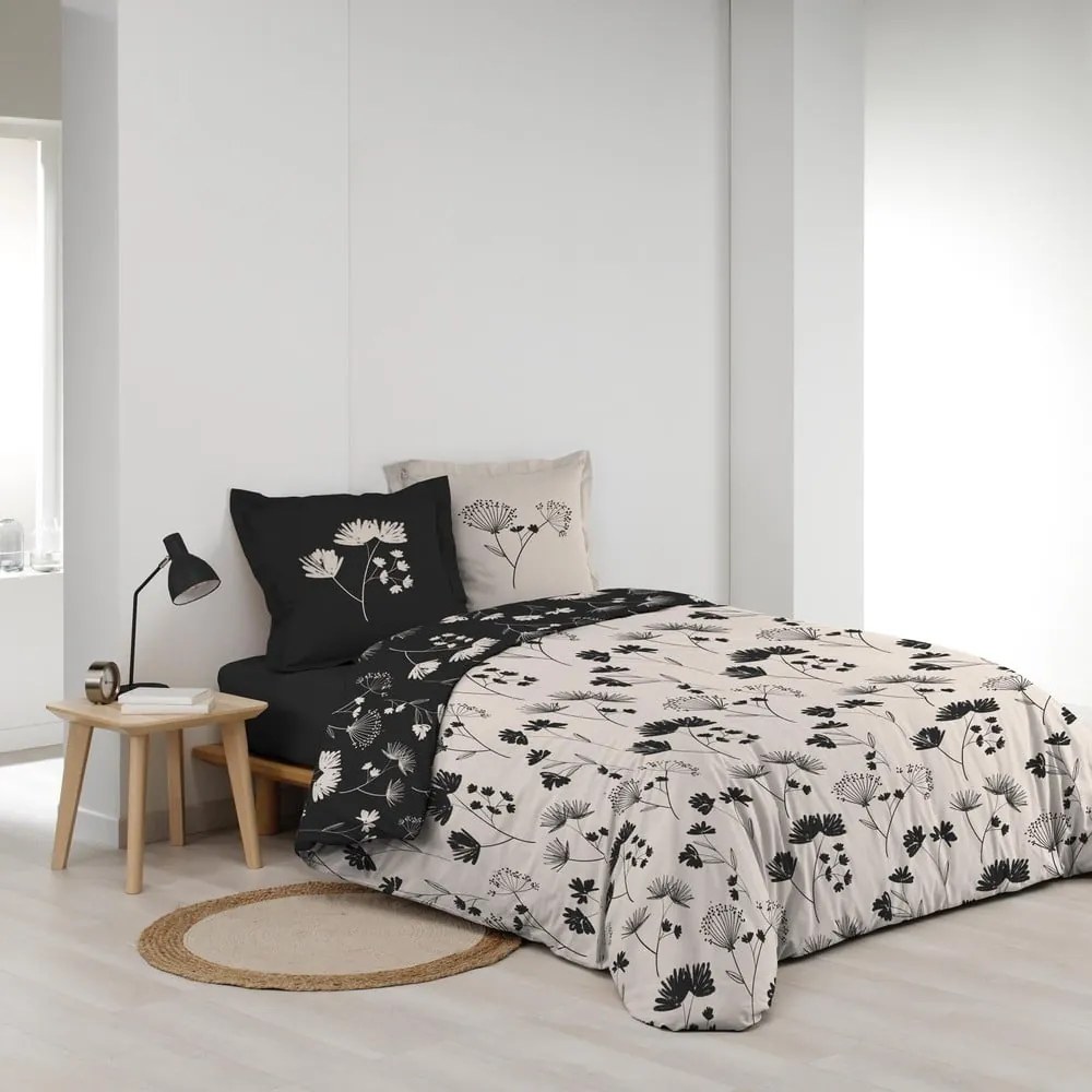 Fekete-bézs kétszemélyes hosszabbított pamut-perkál ágyneműhuzat 240x220 cm Iris – douceur d'intérieur