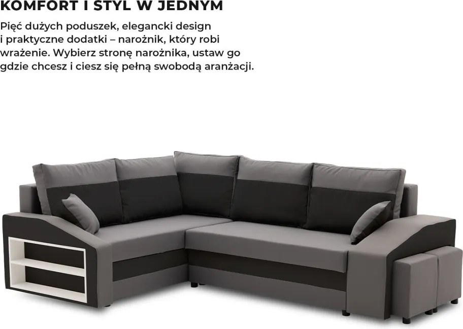 Grande sarokkanapé polcokkal és puffokkal , polc a bal karfaban puffok a jobb karfaban, baloldali, szövet anyag, hab töltet, szürke - fekete