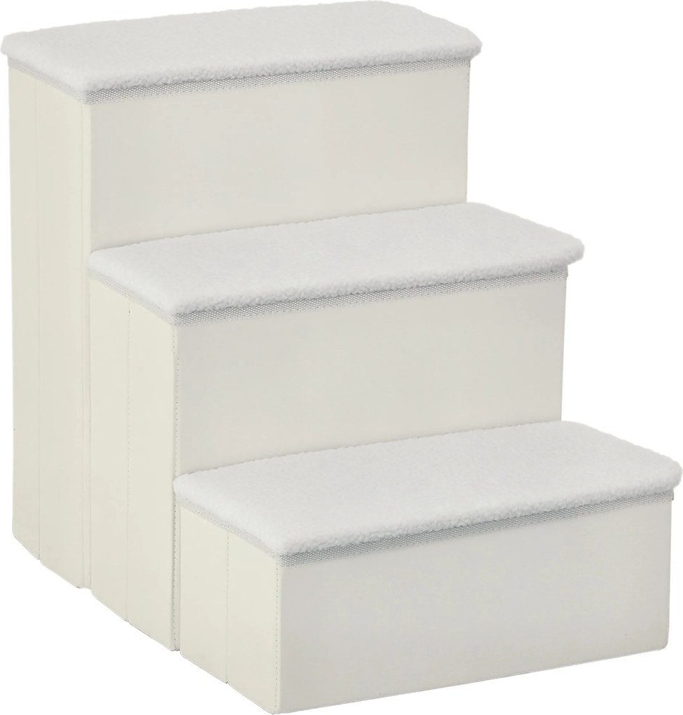 PawHut Háziállat Lépcső Macska Lépcső Kutya Lépcső Hajtható 3 Lépéses Háziállat Lépcső Tárolóhely a Macskák és Kutyák Számára MDF Fehér 40 x 54 x 48 c