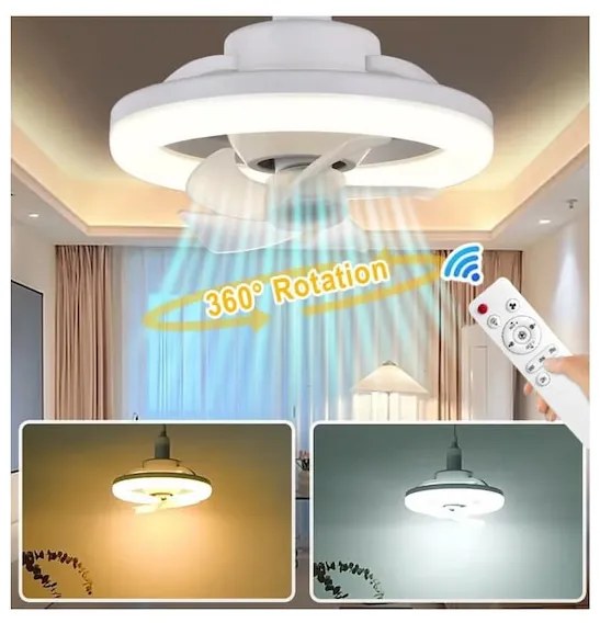 E27 mennyezeti ventilátor LED lámpával, WALALLA, dugaszolható ventilátor, távirányítóval, 360°-ban forgatható LED, 3 színhőmérséklet, 85-265V, 48W, Fehér