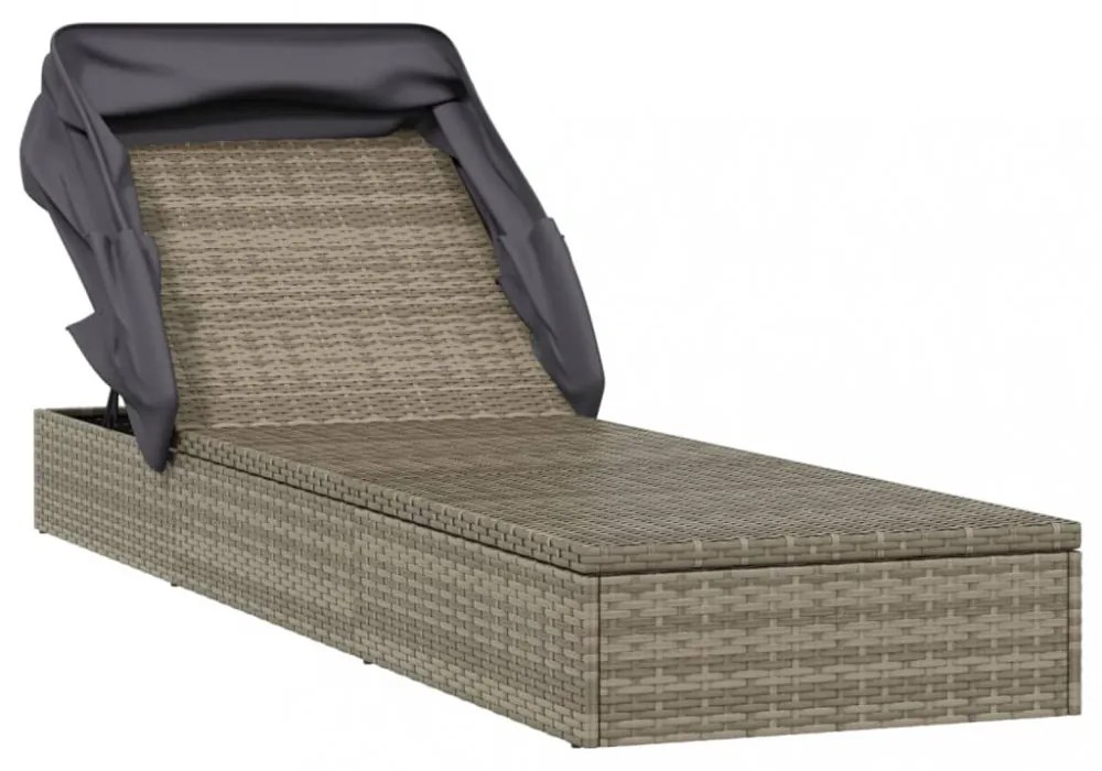 szürke polyrattan napozóágy összecsukható tetővel 213x63x97 cm